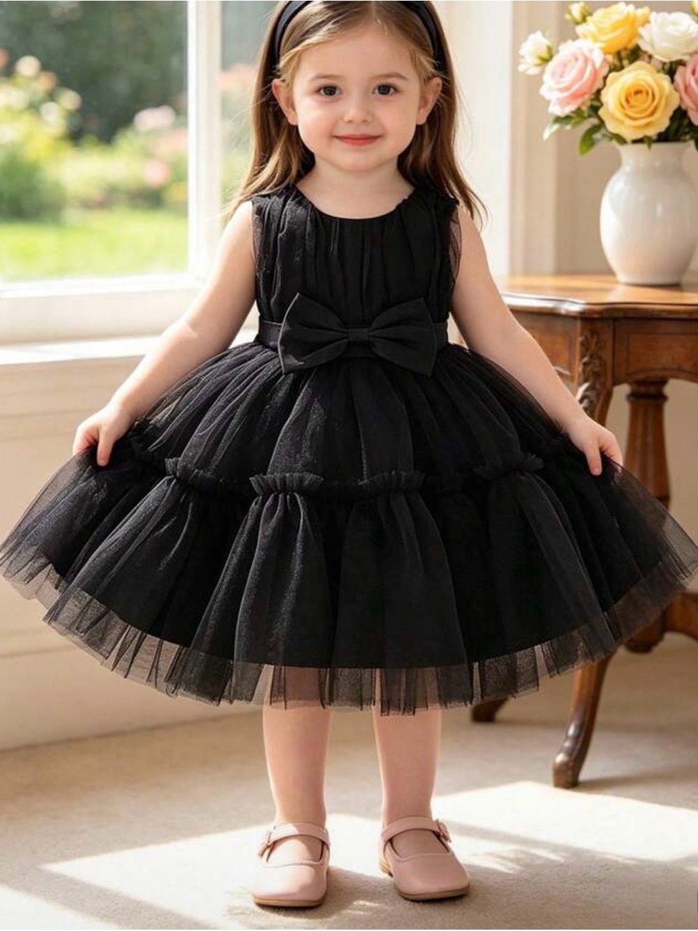 Black Tulle Bow-Accent Party Dress